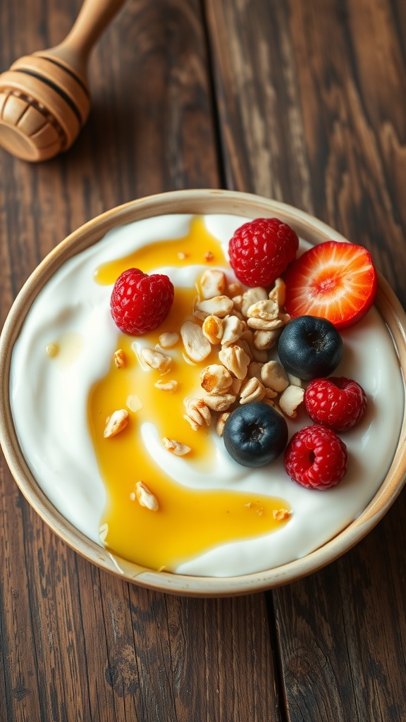 A ceramic dish of baked yogurt topped with honey, nuts, and fresh berries on a wooden table.
